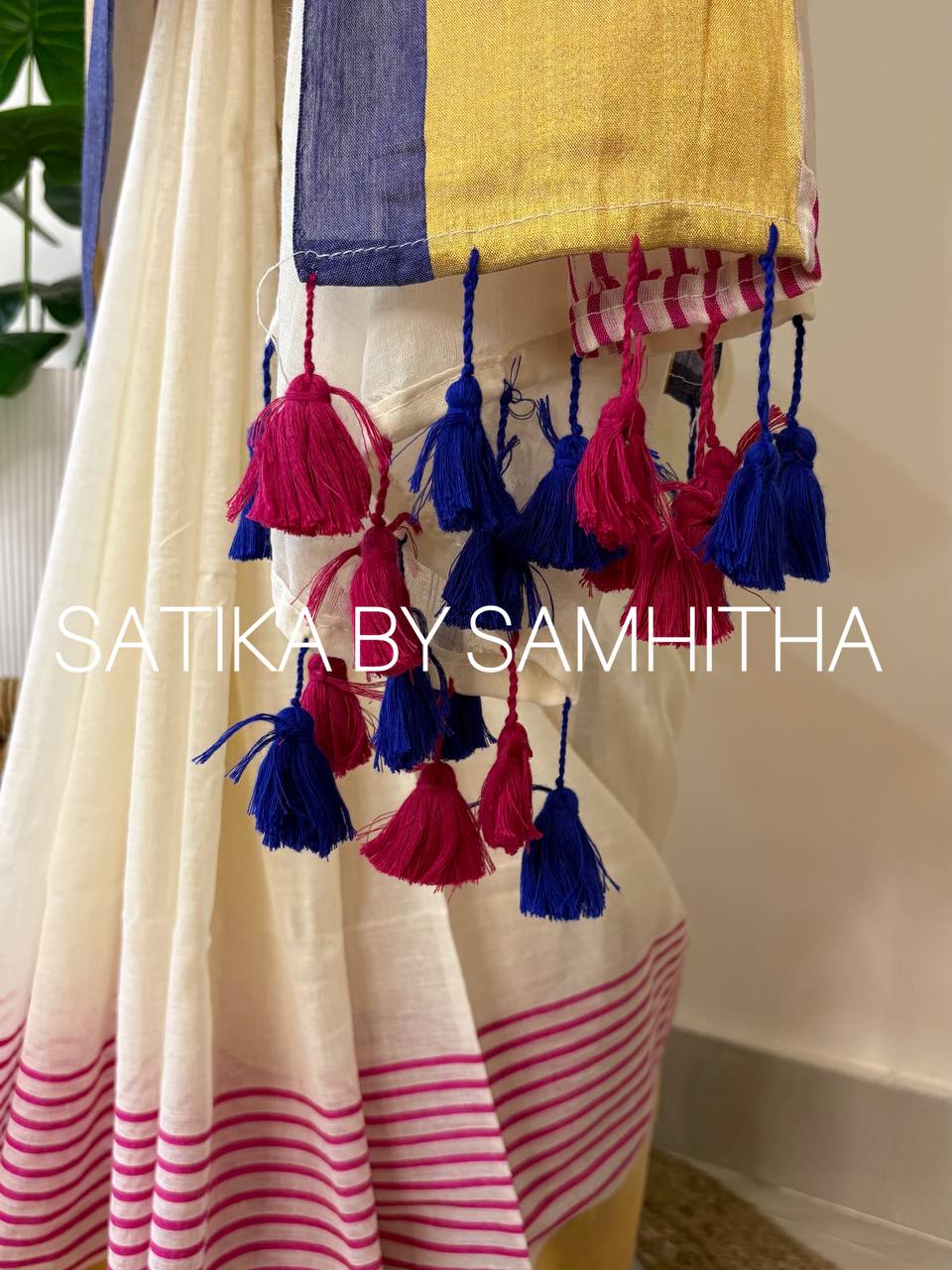 STSC33 - Pure 120 count Mulcotton Saree, Offwhite body with bright pink stripes, luminous golden zari panel, and a  deep indigo blue border, Pre booking open now, dispatch within 10 working days