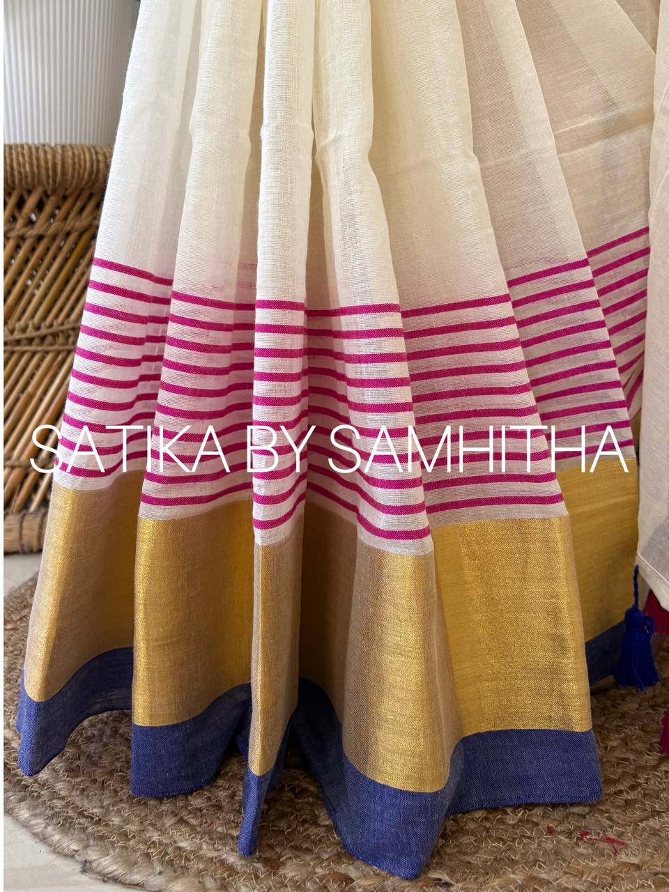 STSC33 - Pure 120 count Mulcotton Saree, Offwhite body with bright pink stripes, luminous golden zari panel, and a  deep indigo blue border, Pre booking open now, dispatch within 10 working days