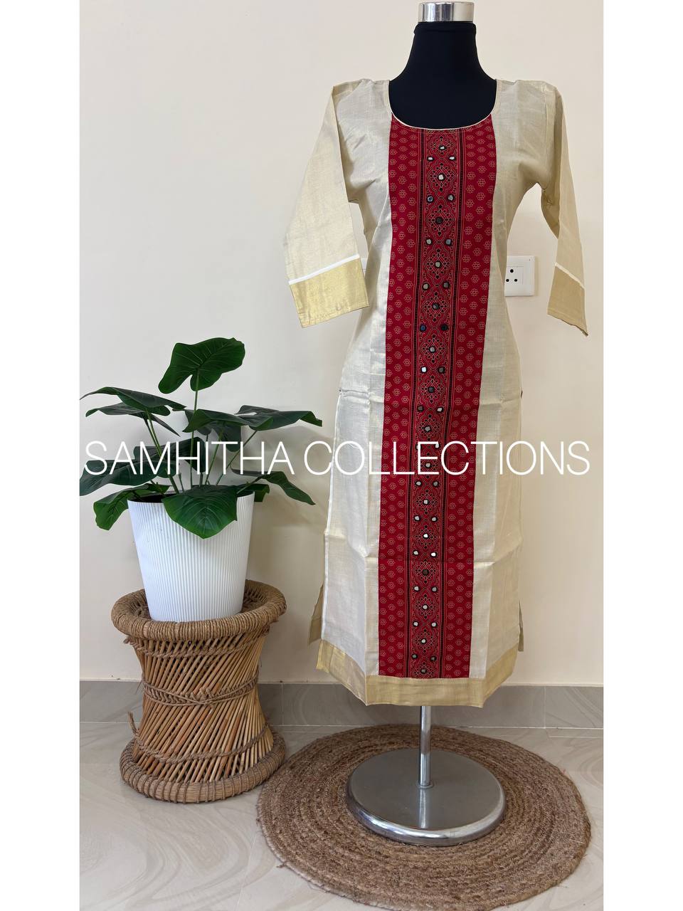 SC3220 - Premium Kerala Tissue kurtis with Centre Panel Ajrakh Patch, Red Colour Ajrakh Patch