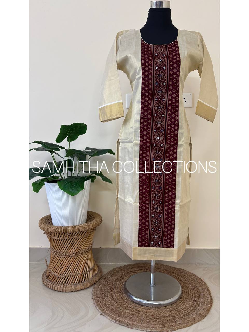SC3225 - Premium Kerala Tissue kurtis with Centre Panel Ajrakh Patch, Purplish Maroon Colour Ajrakh Patch