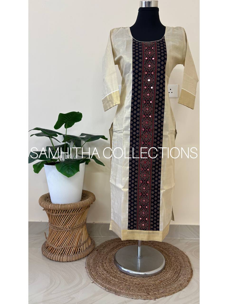 SC3230 - Premium Kerala Tissue kurtis with Centre Panel Ajrakh Patch, Midnight Blue Colour Ajrakh Patch