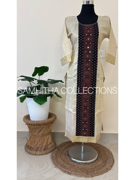 SC3230 - Premium Kerala Tissue kurtis with Centre Panel Ajrakh Patch, Midnight Blue Colour Ajrakh Patch