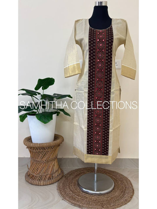 SC3235 - Premium Kerala Tissue kurtis with Centre Panel Ajrakh Patch, Dark kashish Brown Colour Ajrakh Patch