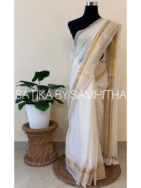 STSC34 - Pure 120 count Mulcotton Saree, Offwhite body with golden striped borders, Ready to dispatch