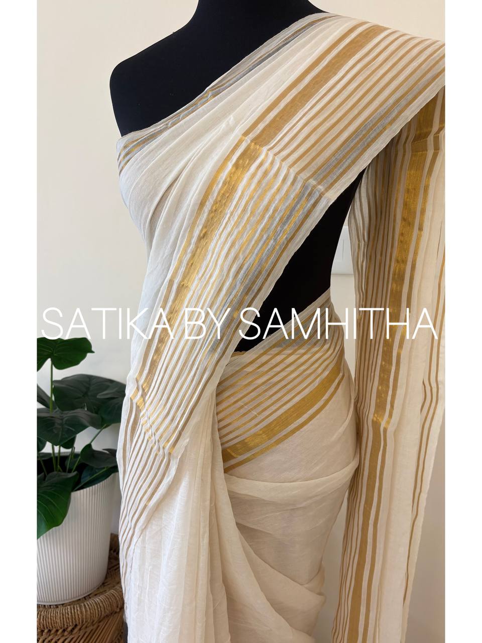 STSC34 - Pure 120 count Mulcotton Saree, Offwhite body with golden striped borders, Ready to dispatch