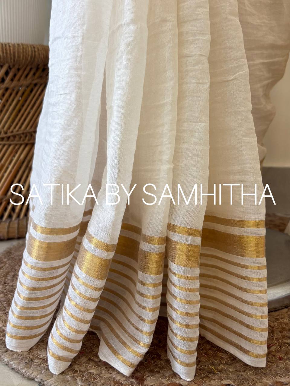 STSC34 - Pure 120 count Mulcotton Saree, Offwhite body with golden striped borders, Ready to dispatch