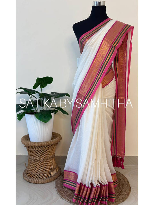 STSC36 - Pure 120 count Mulcotton Saree, off-white body with a striking fuchsia pink and deep bottle green border with kanchi motifs, Ready to dispatch