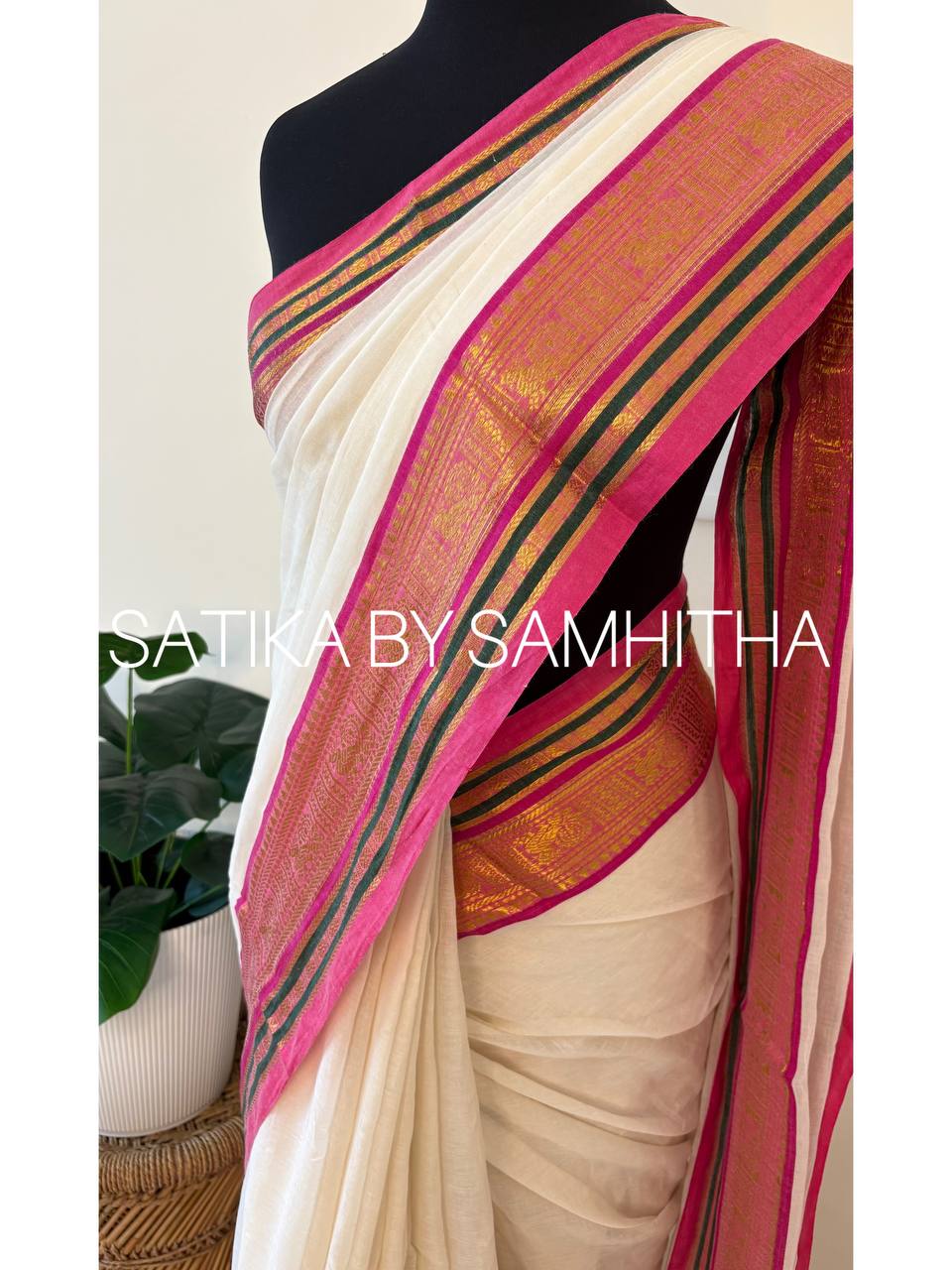 STSC36 - Pure 120 count Mulcotton Saree, off-white body with a striking fuchsia pink and deep bottle green border with kanchi motifs, Ready to dispatch