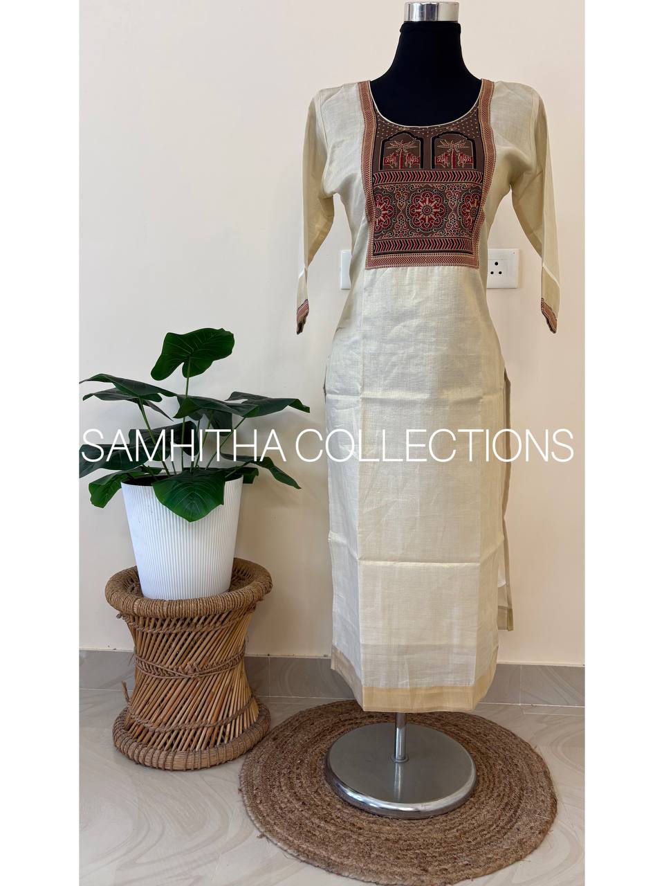 SC3240 - Premium Kerala Tissue kurtis with Ajrakh Patch on yoke, Light kashish Brown Colour Patch