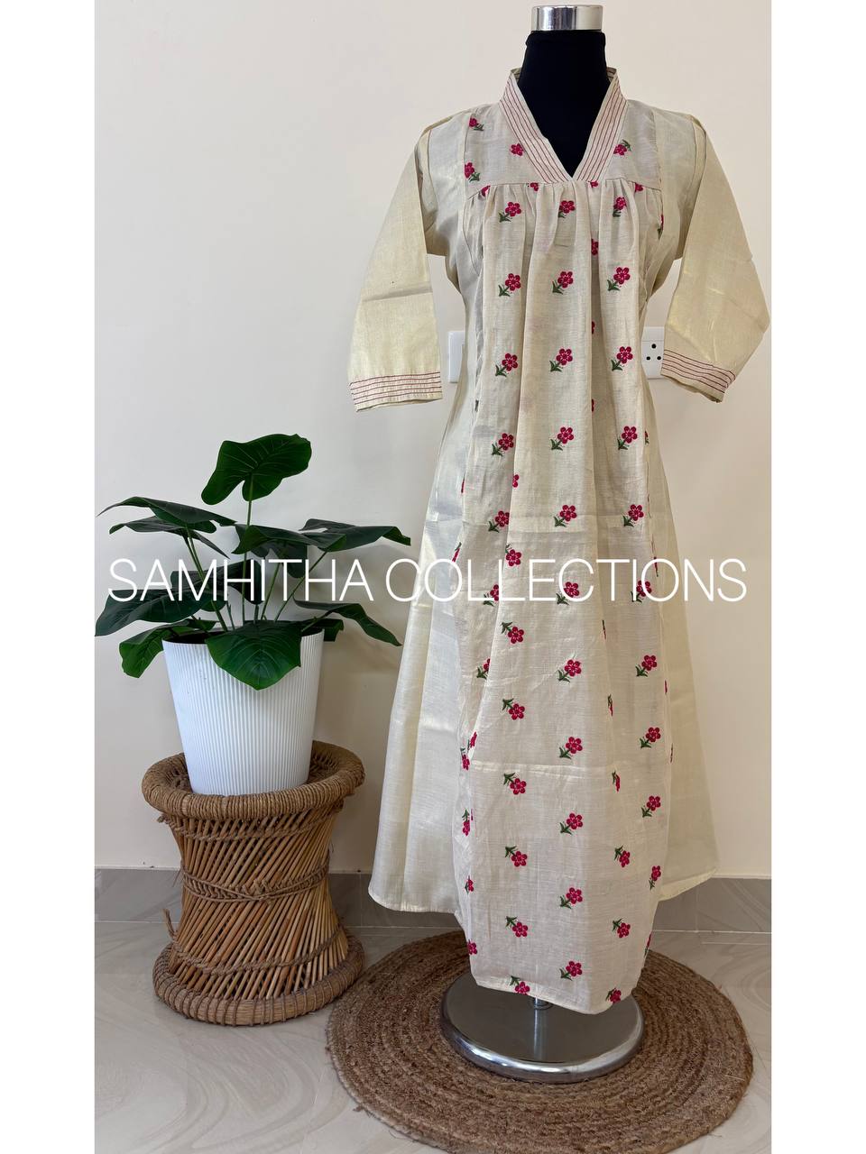 SC3245 - Premium Kerala Tissue kurtis with beautiful floral embroidery, Pink with Green embroidery