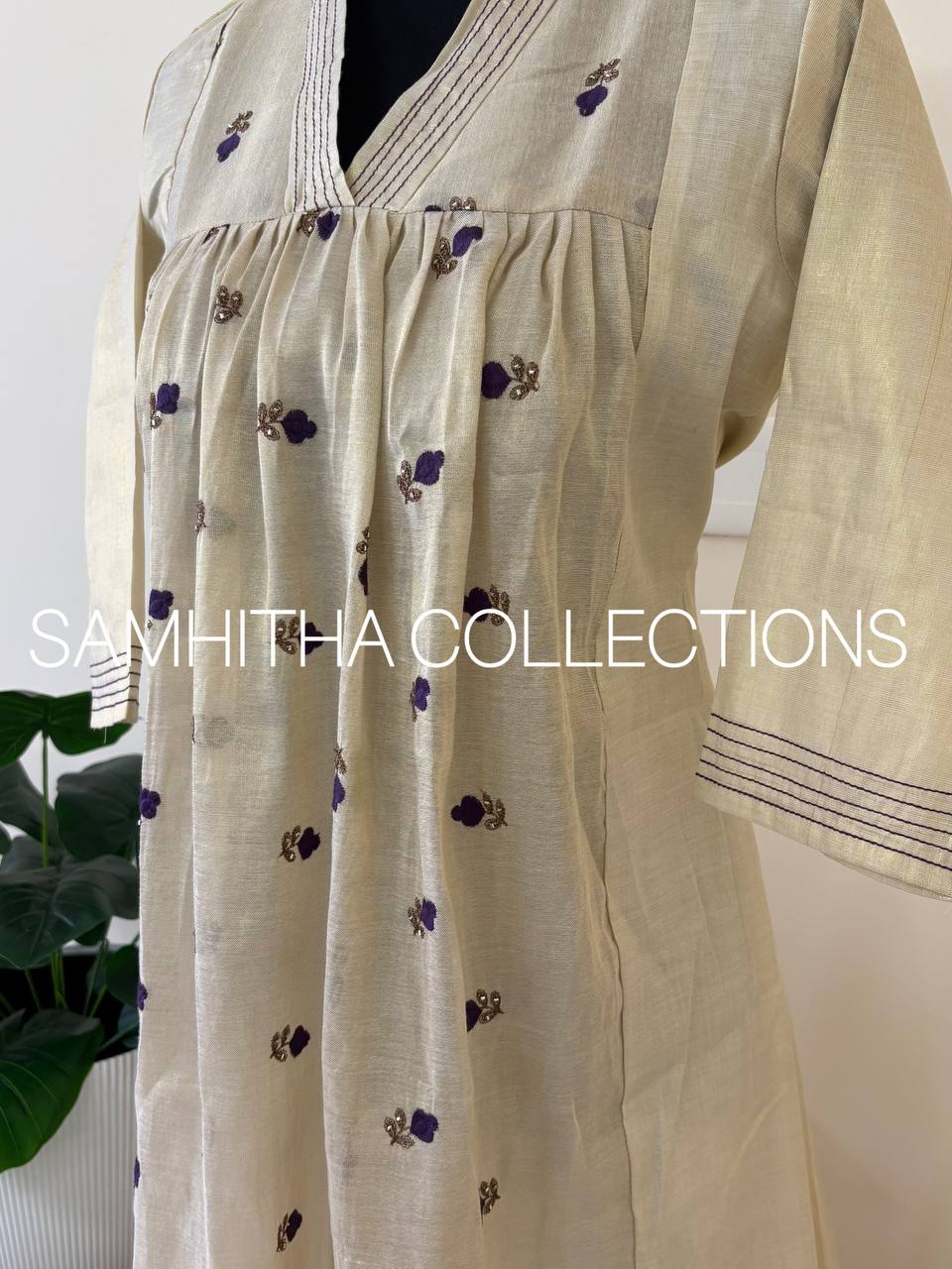 SC3250 - Premium Kerala Tissue kurtis with beautiful floral embroidery, Lavender with Antique Gold embroidery
