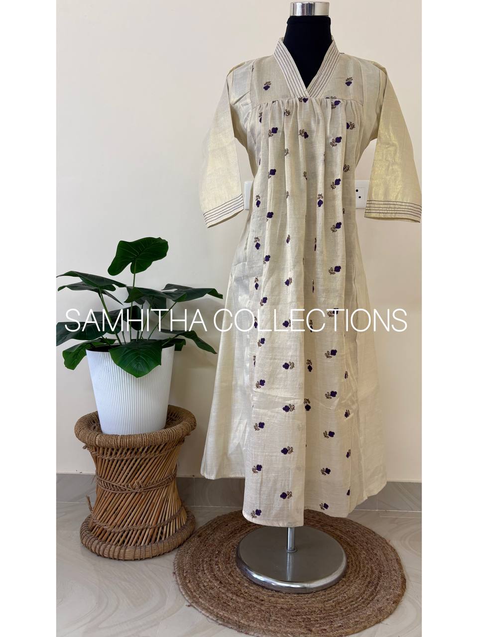 SC3250 - Premium Kerala Tissue kurtis with beautiful floral embroidery, Lavender with Antique Gold embroidery