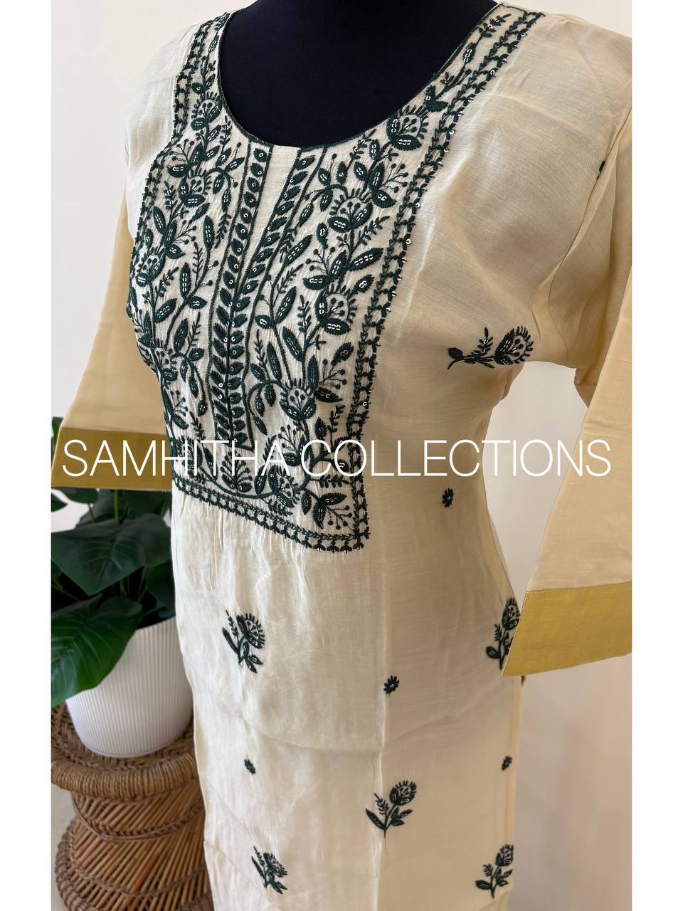 SC3255 - Premium Mul Chanderi kurtis with chikankari inspired embroidery and kasavu border on sleeves, Green colour embroidery