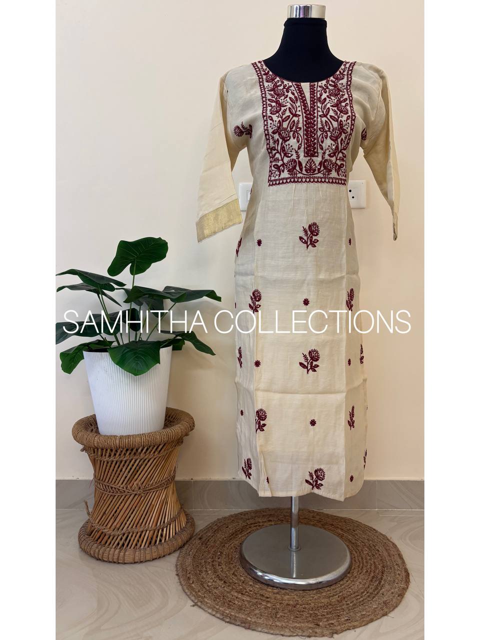 SC3260 - Premium Mul Chanderi kurtis with chikankari inspired embroidery and kasavu border on sleeves, Maroon colour embroidery
