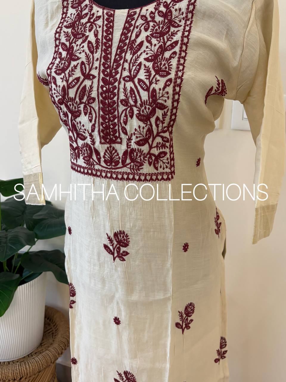 SC3260 - Premium Mul Chanderi kurtis with chikankari inspired embroidery and kasavu border on sleeves, Maroon colour embroidery