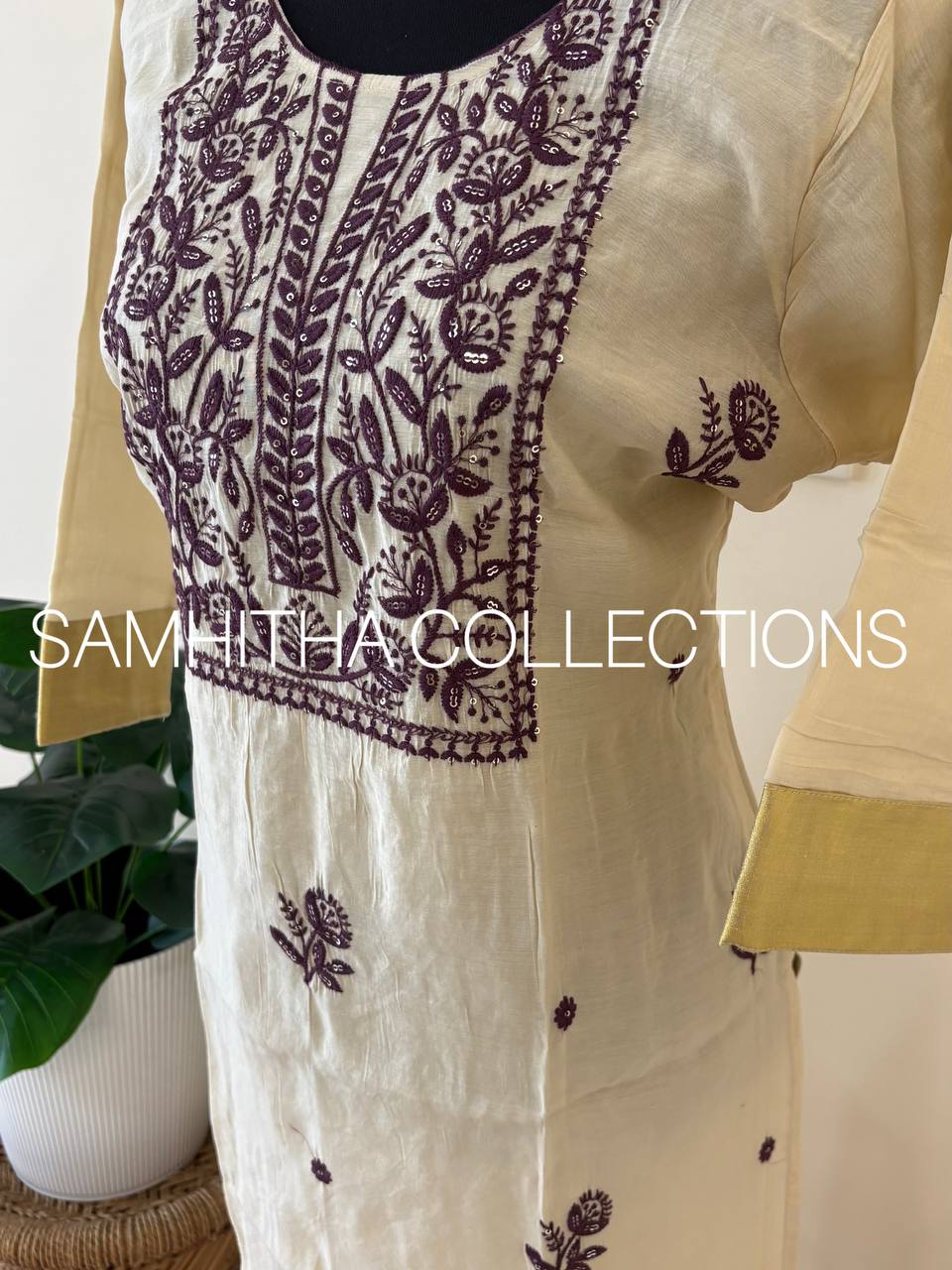 SC3265 - Premium Mul Chanderi kurtis with chikankari inspired embroidery and kasavu border on sleeves, Lavender colour embroidery
