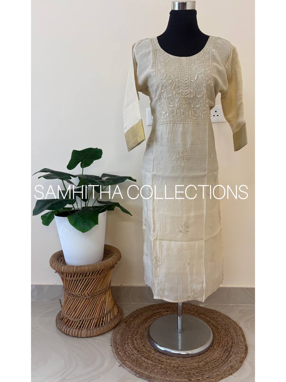 SC3270 - Premium Mul Chanderi kurtis with chikankari inspired embroidery and kasavu border on sleeves, Cream colour embroidery