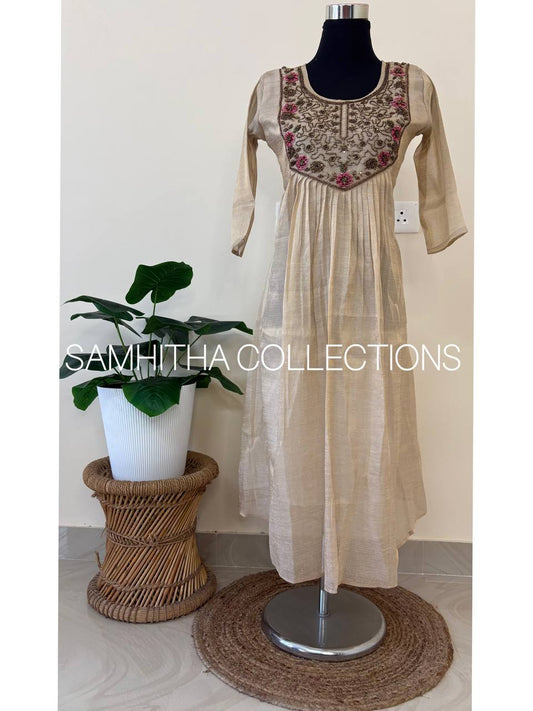 SC3275 - Premium Linen kurtis with heavily handworked and threadworked yoke, Golden Cream colour