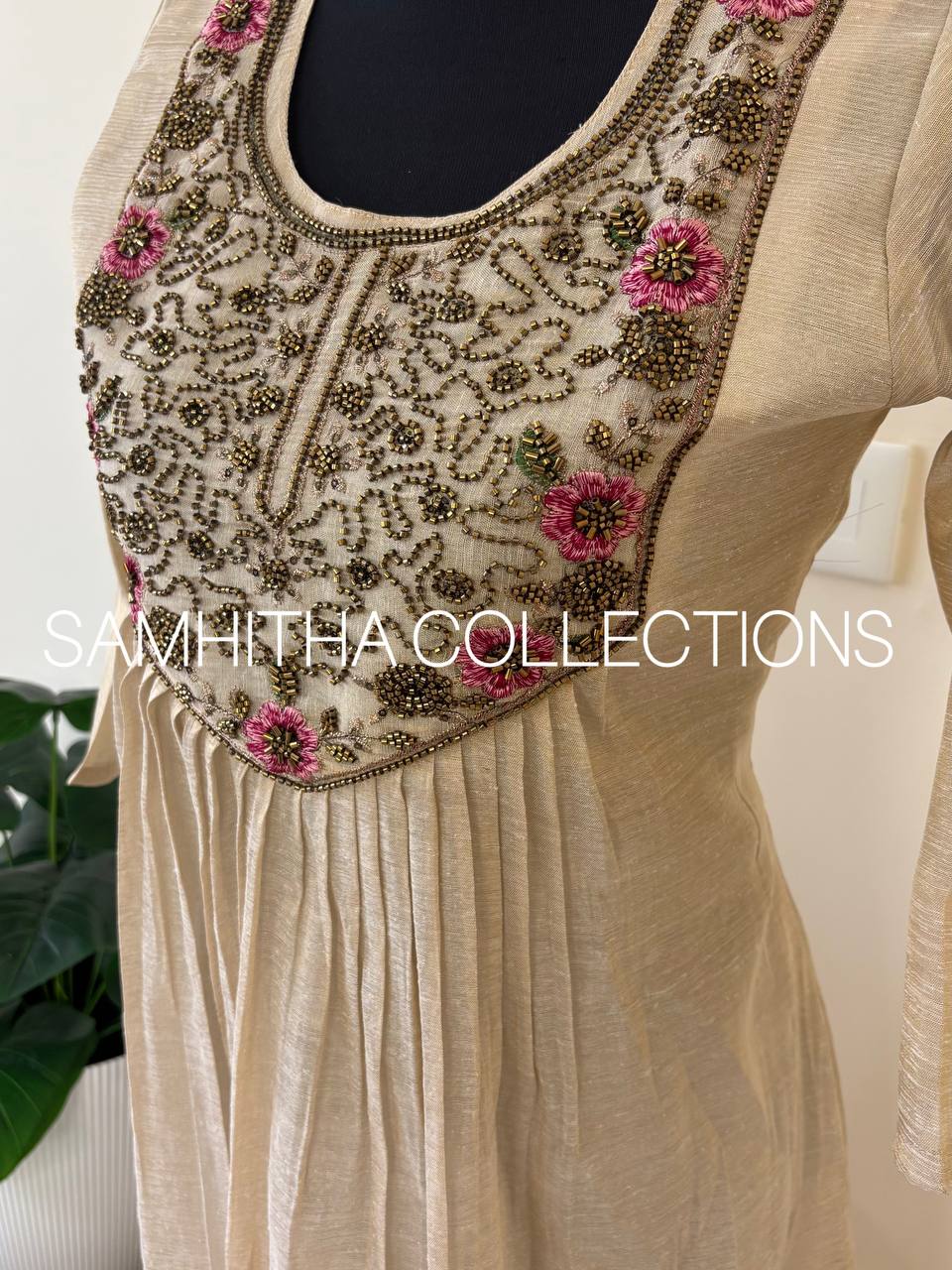 SC3275 - Premium Linen kurtis with heavily handworked and threadworked yoke, Golden Cream colour