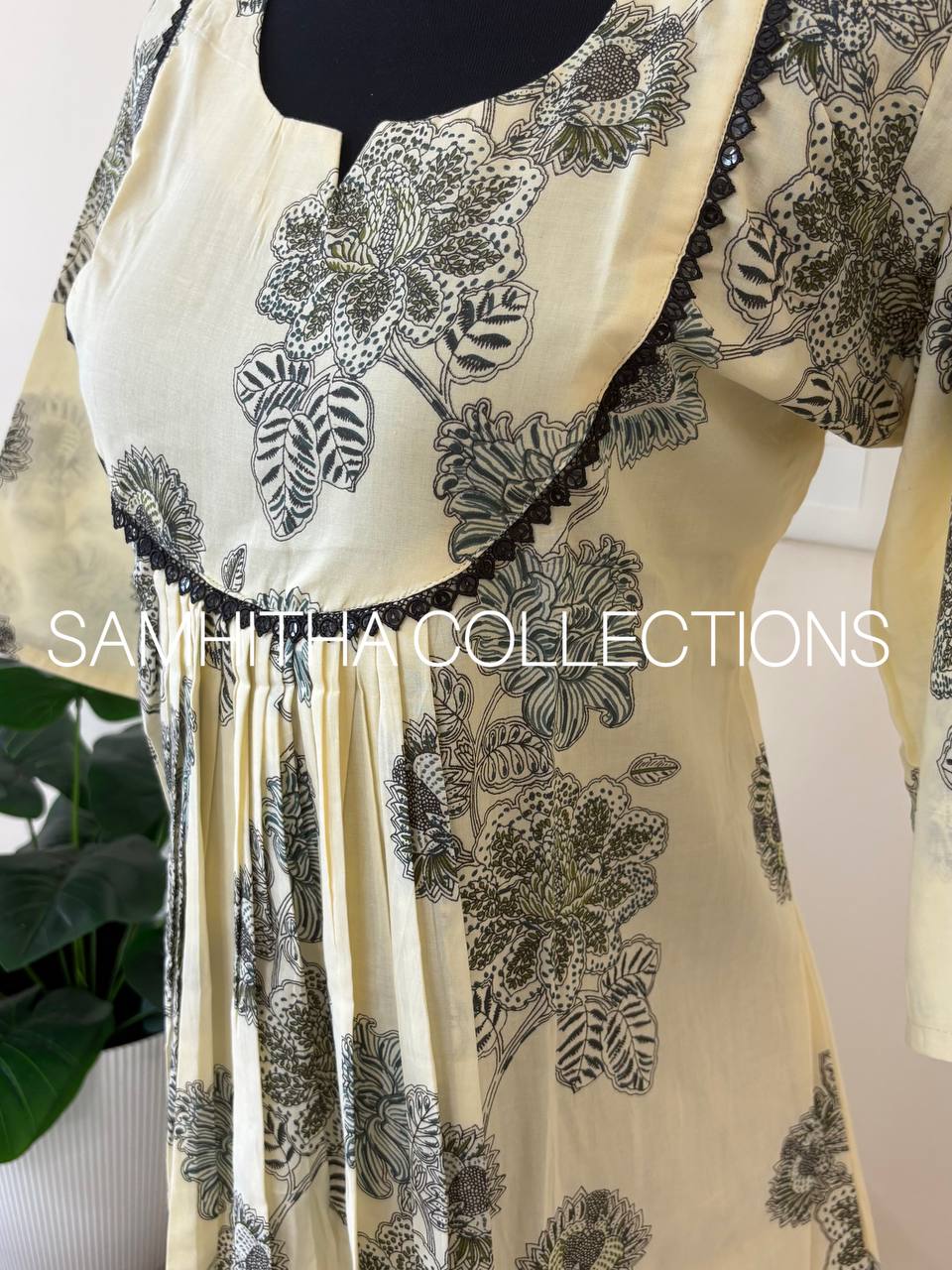SC3280 - Premium Soft Cotton kurtis with floral prints, highlighted with crochet lace, Kerala cream colour with Green and black  print
