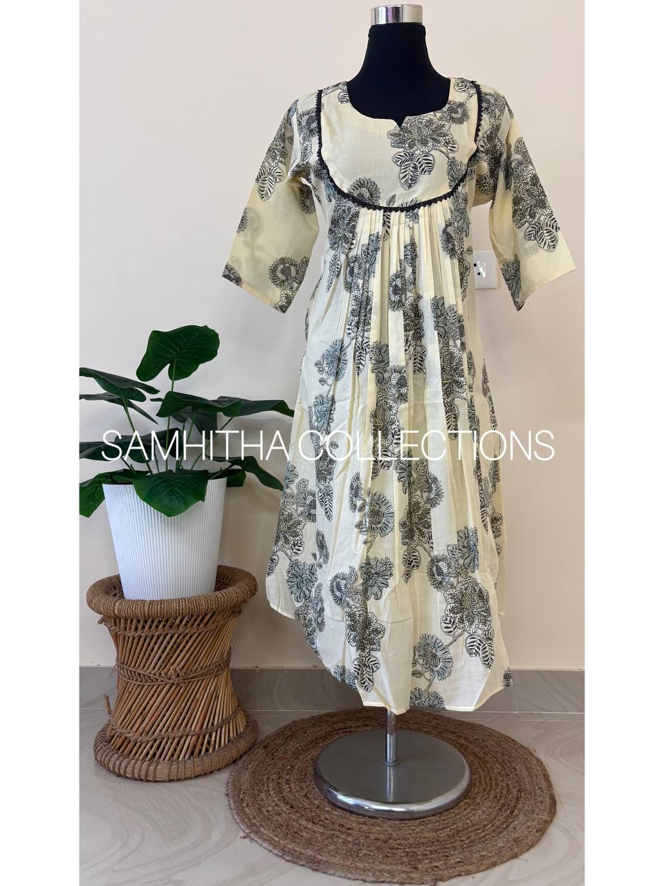 SC3280 - Premium Soft Cotton kurtis with floral prints, highlighted with crochet lace, Kerala cream colour with Green and black  print