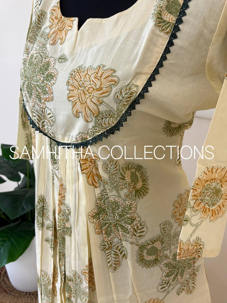 SC3285 - Premium Soft Cotton kurtis with floral prints, highlighted with crochet lace, Kerala cream colour with Green and mustard yellow print