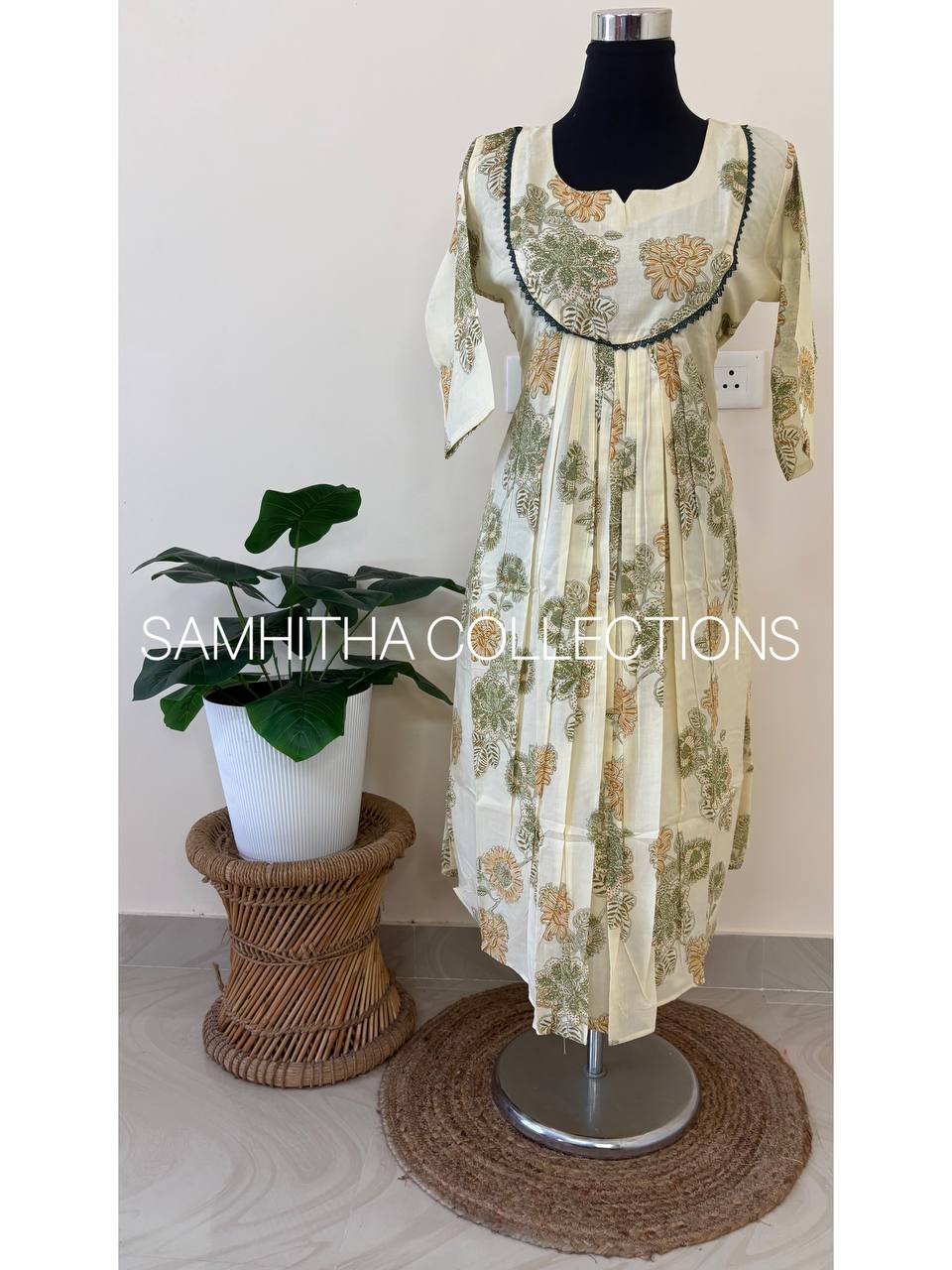 SC3285 - Premium Soft Cotton kurtis with floral prints, highlighted with crochet lace, Kerala cream colour with Green and mustard yellow print