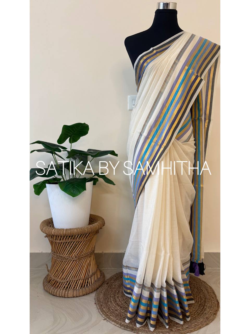 STSC38 - Pure 120 count Mulcotton Saree, off-white body with a striking golden zari striped and premium multi colour woven border, Ready to dispatch