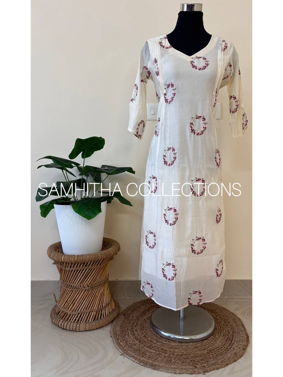 SC3305 - Premium Mul Chanderi Aline Long Frock dress, Heavily Thread embroidered in Shades of Onion Pink and Baby Pink