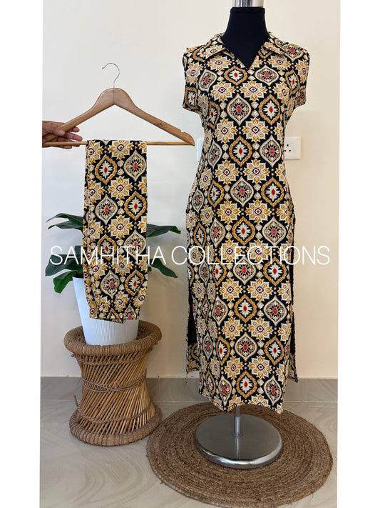 SC3315 - Comfy cotton collar neck co-ord sets, sleeves attached inside, Black and beige colour