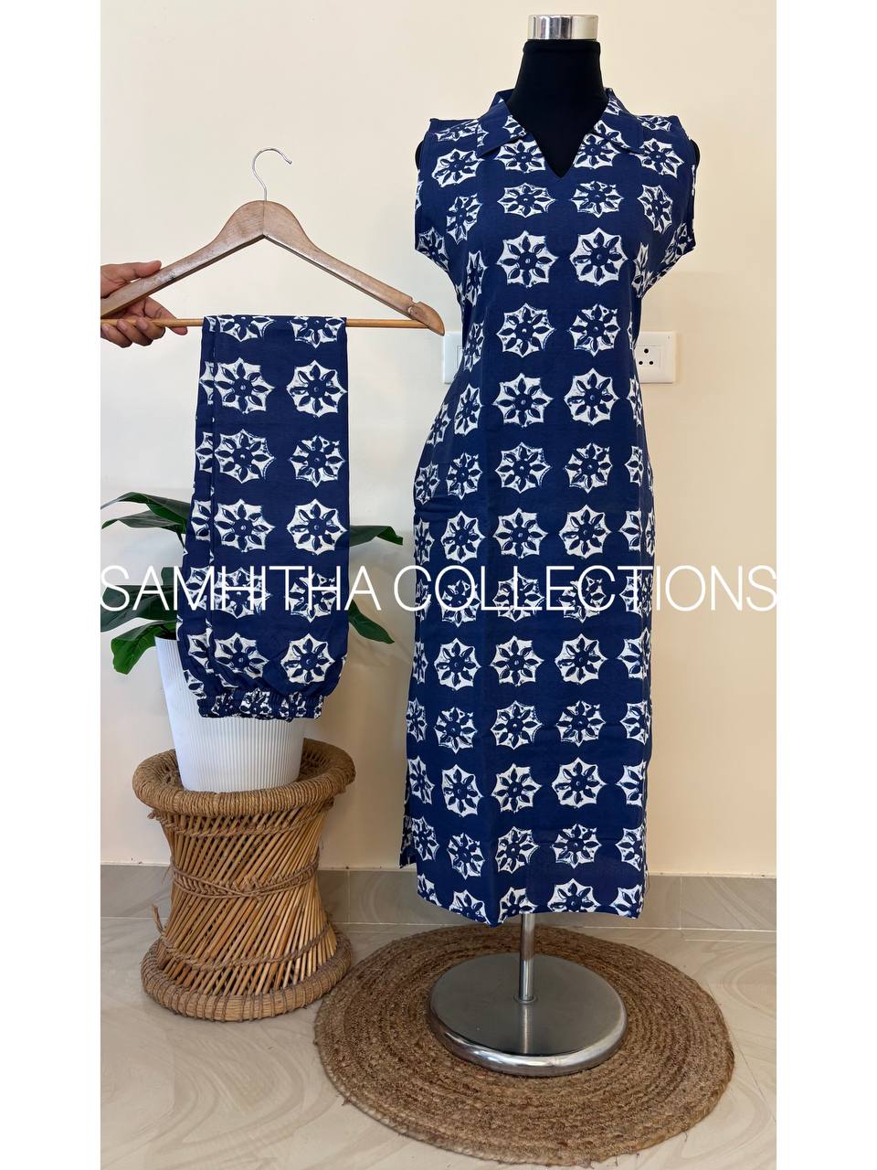 SC3320 - Comfy cotton collar neck co-ord sets, sleeves attached inside, Indigo colour