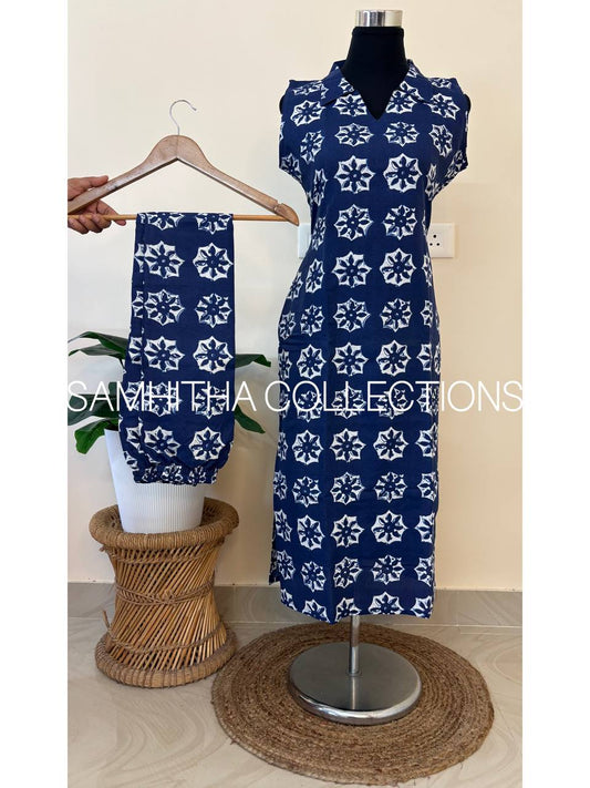SC3320 - Comfy cotton collar neck co-ord sets, sleeves attached inside, Indigo colour