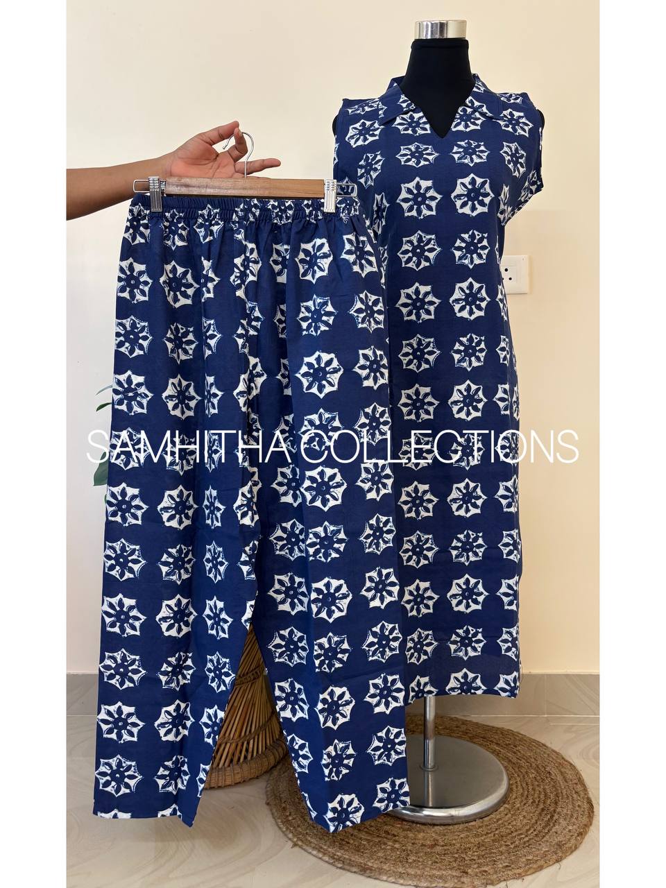 SC3320 - Comfy cotton collar neck co-ord sets, sleeves attached inside, Indigo colour