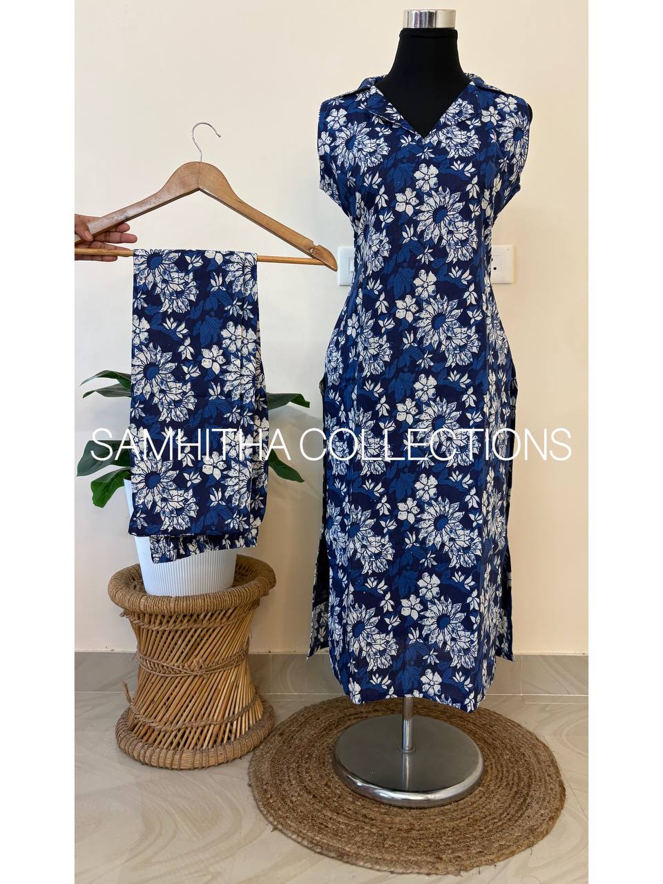 SC3325 - Comfy cotton coat collar neck co-ord sets, sleeves attached inside, Indigo colour