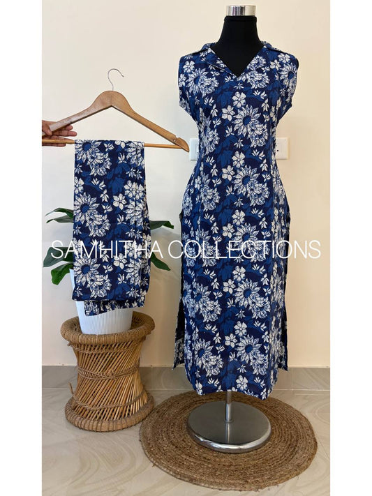 SC3325 - Comfy cotton coat collar neck co-ord sets, sleeves attached inside, Indigo colour