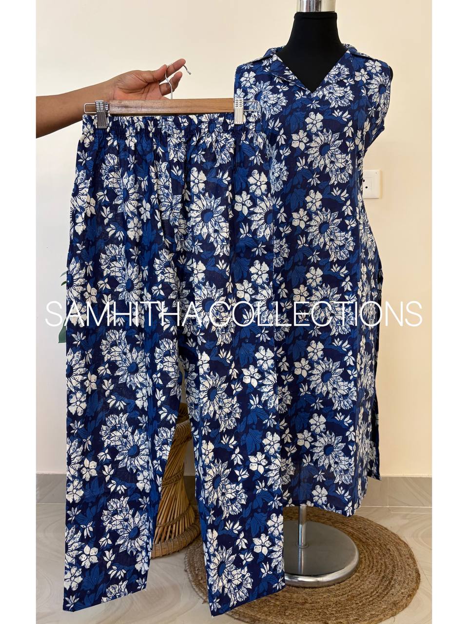 SC3325 - Comfy cotton coat collar neck co-ord sets, sleeves attached inside, Indigo colour