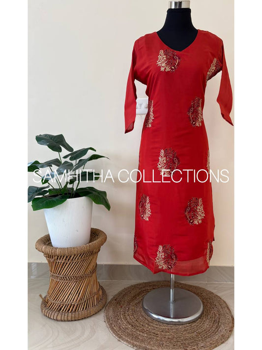 SC3340 - Premium Mul Chanderi Partywear kurtis, Brick Orange colour