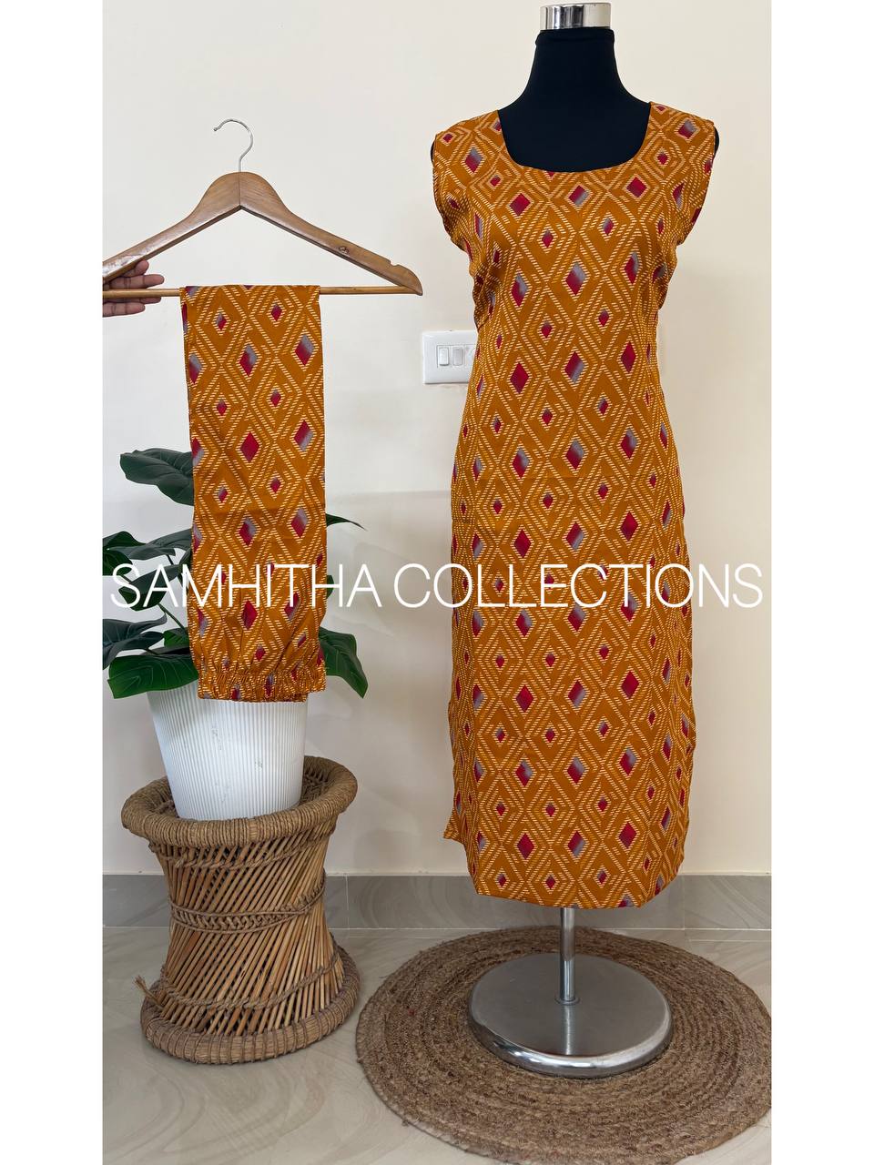 SC3345 - 3-Piece Geometric Print Co-Ord Set in Delta fabric with Long Georgette Shrug, Mustard Yellow colour