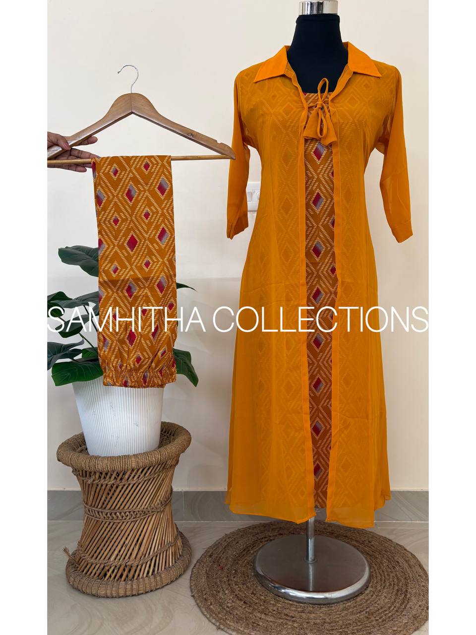 SC3345 - 3-Piece Geometric Print Co-Ord Set in Delta fabric with Long Georgette Shrug, Mustard Yellow colour