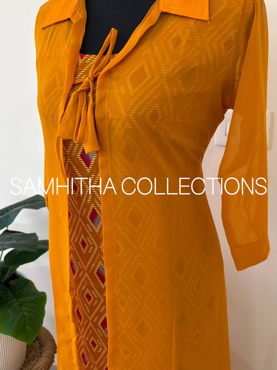 SC3345 - 3-Piece Geometric Print Co-Ord Set in Delta fabric with Long Georgette Shrug, Mustard Yellow colour