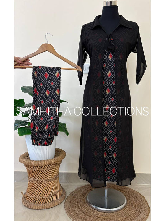 SC3350 - 3-Piece Geometric Print Co-Ord Set in Delta fabric with Long Georgette Shrug, Jet Black colour
