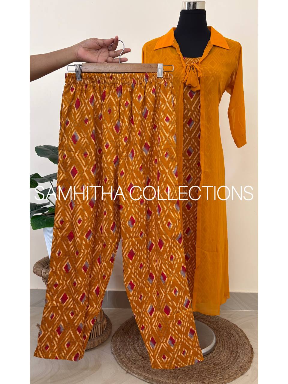 SC3345 - 3-Piece Geometric Print Co-Ord Set in Delta fabric with Long Georgette Shrug, Mustard Yellow colour
