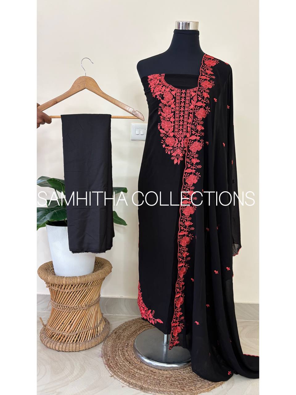 SC3355 - Black Faux Georgette Salwar Suit Material with Heavy Resham Embroidery in Peach colour