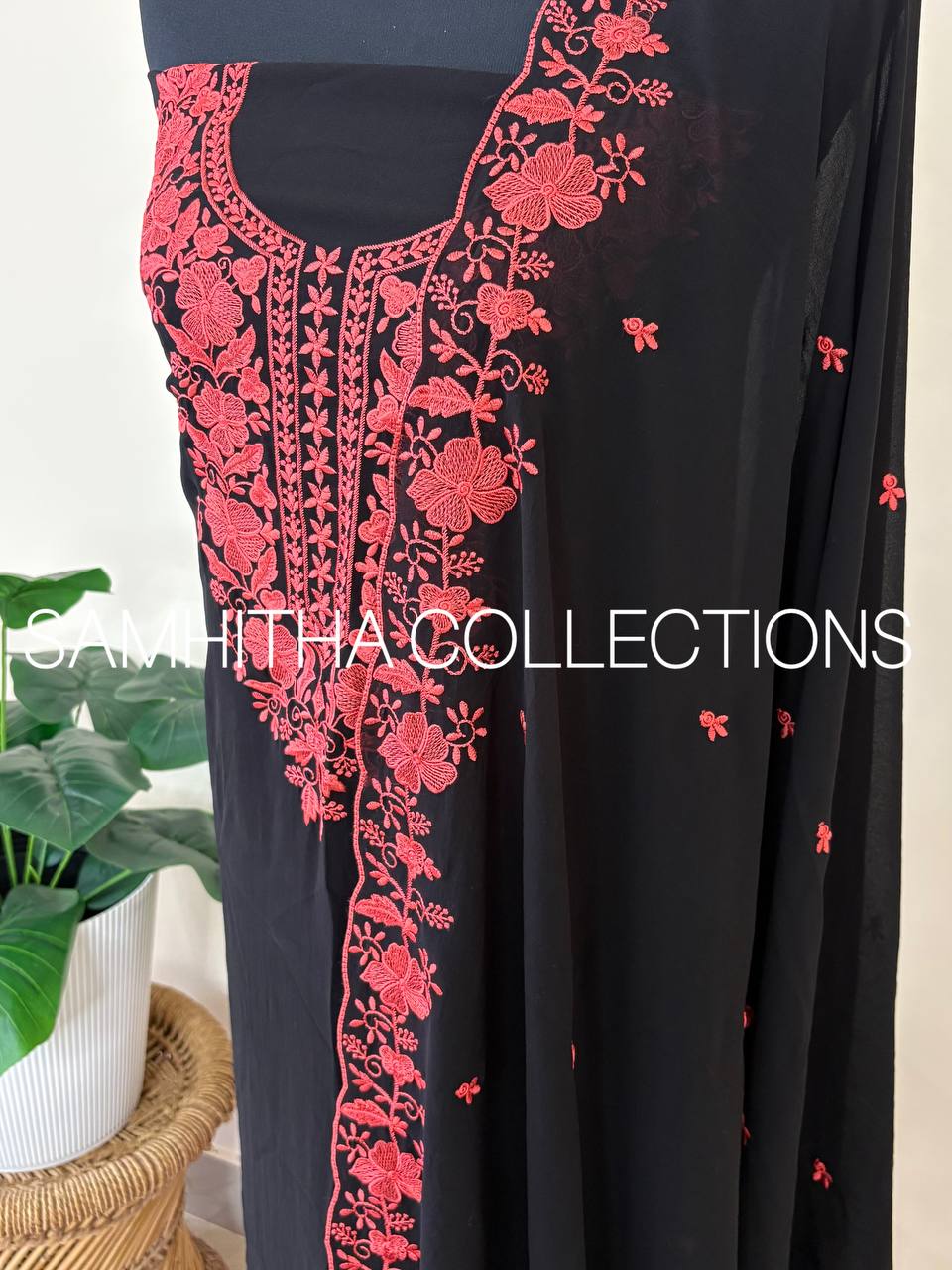 SC3355 - Black Faux Georgette Salwar Suit Material with Heavy Resham Embroidery in Peach colour
